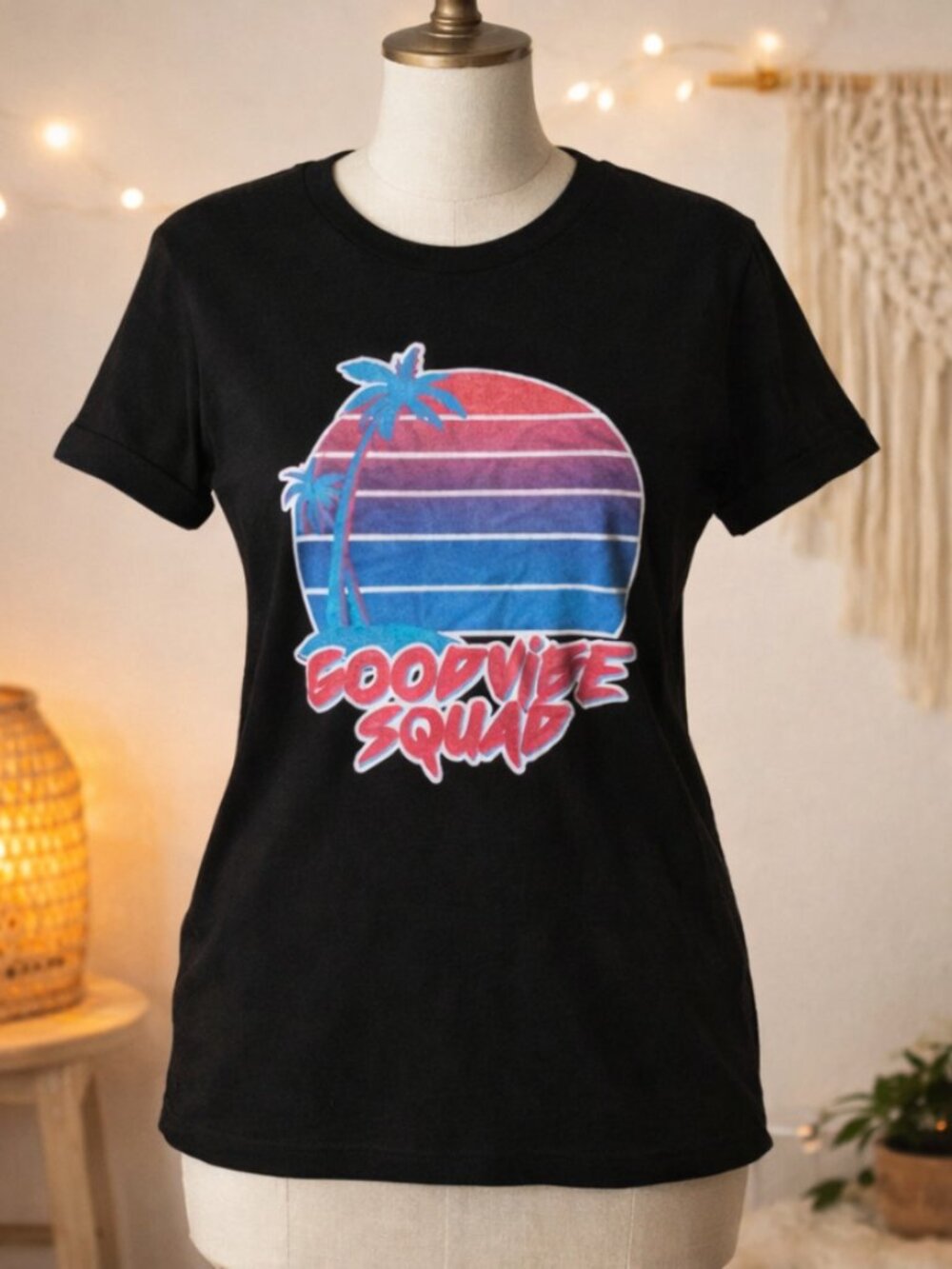 Bella+Canvas Good Vibe Squad T-Shirt M Retro Sunset Graphic Tee Retro Y2K Cotton